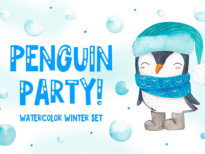 Penguin party character christmas clipart cozy gift greeting card ice party penguin snow watercolor winter