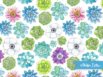 Succulent stars anemone floral flowers gerbera pattern seamless spring succulents surface design watercolor wedding