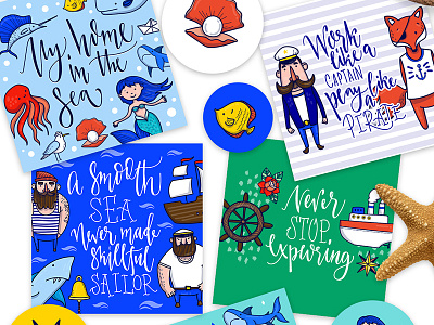 Sailor adventure boat cards kids letterng mermaid sailor sea stickers summer surface design vector
