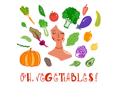 Oh, vegetables! cute doodle illustration lady marialetta portrait sketch vector vegan vegetable