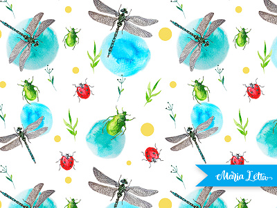 Watercolor summer boho bright bug dragonfly lady bug marialetta nature pattern seamless summer surface design watercolor