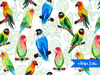 Tropic parrots boho bright hawaii jungle marialetta nature parrot pattern seamless summer surface design watercolor