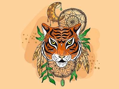 Tribal vibes boho dreamcatcher illustration marialetta moon oriental tiger tribal vector