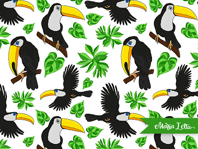 Summer toucans bright jungle leaf marialetta monstera pattern seamless summer surface design toucan tropic