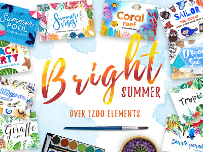Bright summer - watercolor and vector bundle bundle creativemarket good price lettering marialetta pattern summer template tropic vector watercolor