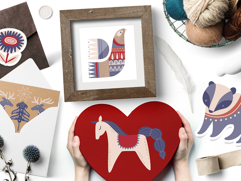 Scandinavian winter bird horse bear deer illustration vector creativemarket marialetta animals nature folklore scandinavian