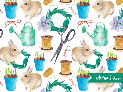 Secret garden bunny decoration garden marialetta pattern rabbit seamless spring surface design watercolor wrapping