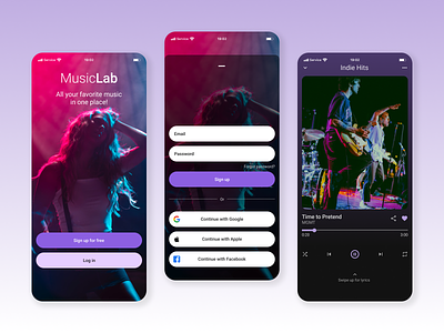 MusicLab appdesign dark mode flatui login loginscreen mobile mobiledesign music music listening musicapp musicplayer musikplayer nowplayingscreen signup ui