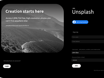 Unsplash dark Sign up redesign #2