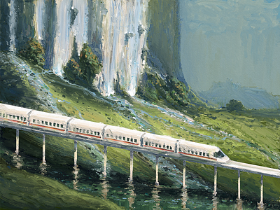 Shinkansen and waterfall illustration landscape nature oil painting river road shinkansen stream texture train travel waterfall way