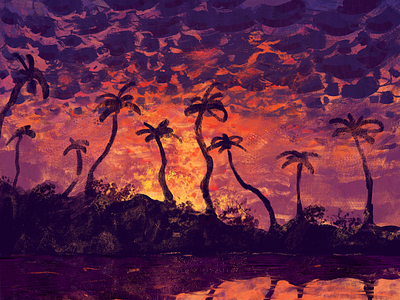 Sunset cloud illustration palm sea silhouette sunset texture tree warm water