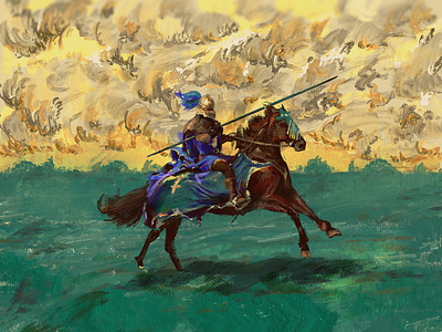 Horseman armor field horse horseman illustration impressionism lance oil painting rider running spear texture