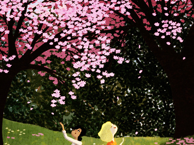 one by one characters cherry blossom girlfriends girls illustration meadow park spring