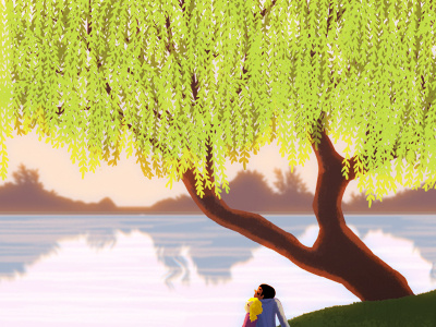 summer vacation art couple illustration lake weeping willow