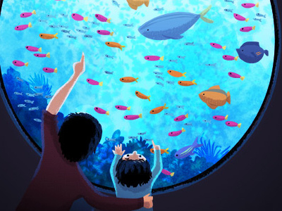 Ray of light aquarium child childrens illustration family fish illustration lighting