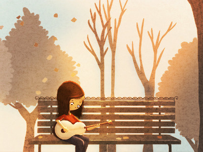 Acoustic guitar art autumn bench girl guitar illustration music nidhi chanani trees