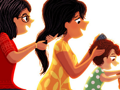 Generations baby combing hair family girls hair hairstyle illustration indian ladies women