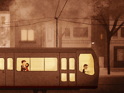 Night train couple illustration love mood night san francisco sepia tone vintage