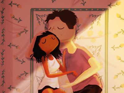 summer nights bed bedroom couple cuddle hug illustration summer