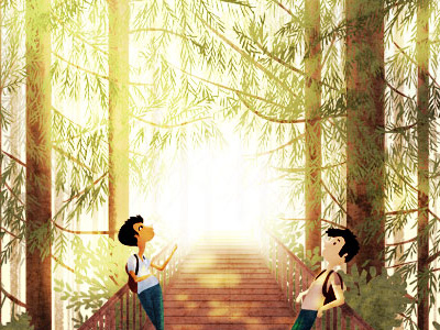 we met in college bridge california friends illustration light redwood trees trees
