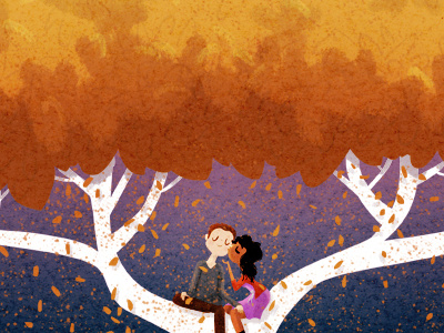 i want you to be happy art couple cute fall illustration kissing leaves love tree wedding