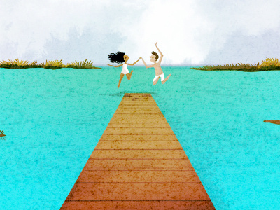Plunge art couple happy illustration jump plunge swimming vacation