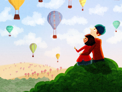 vantage point colorful couple hot air balloon illustration scene trees