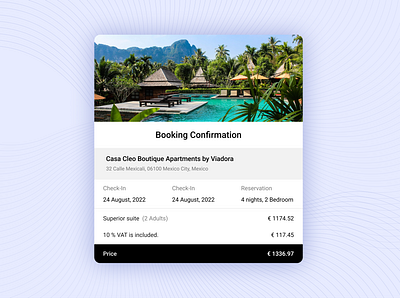 Booking Confirmation book booking confirmation dailyui design donut email hotel landing modal pop up popup receipt travel ui