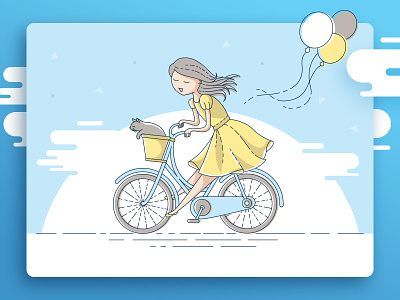 Bicycle Ride bike card cat flat girl illustration vector