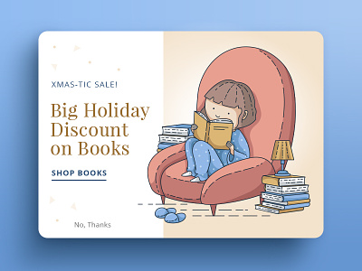 Books Discount Modal books christmas discount girl holidays illustration popup reading sofa ui vector xmas