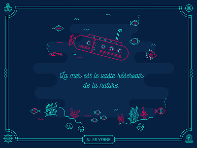 Under water illustration submarine under the sea verne