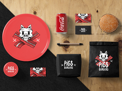 Pigs Burgers stationery branding burger illustration logo pig pirate skull stationery