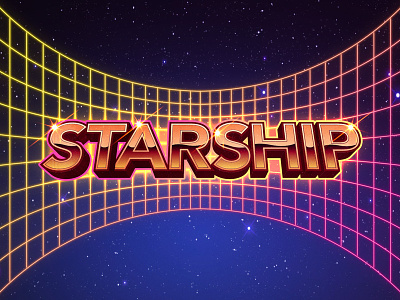 Starship 80s chrome gold magenta neon orange space stars yellow