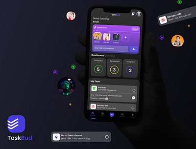 Taskbud - Home Screen app branding chatapp dailyui design login page signup taskapp trackingapp ui ux