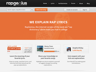 RapGenius dark homepage light orange rapgenius website