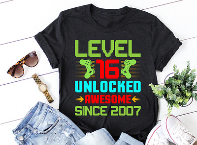 Level 16 Unlocked Awesome Since 2007 T-Shirt Design t shirt design vector png