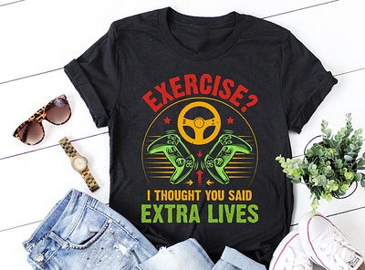 Exercise I thought you said extra lives Video Game video gamek lover t shirt design vintage retro sunset t shirt