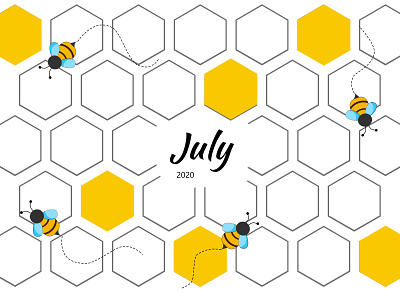 July Bee Calendar 2020 bee calendar colorful design flatdesign hexagon hexagons honey honeybee illustration july july 4th months pattern yellow