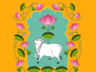 Pichwai Cow Illustration colorful cow festive flatdesign illustration india lotus pattern pichwai