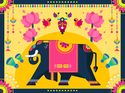 Colorful India birds colorful elephant festive lights lotus parrot