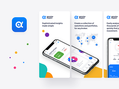 Genuine Impact, Fintech App - App Store screenshots app apple iphone branding charts design finance fintech google play graphic design icon logo mobile mobile app pie chart screenshots statistics tiles user interface
