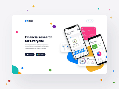 Genuine Impact, Fintech App - landing page animation about page android app animation business finance fintech founds interaction investing ios app landing page mobile mobile app one page product page scroll stock web web app website