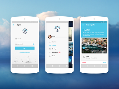 Lookmarina Android android booking feed flat design form graphic design map material design menu mobile app navigation profile sign in sign up sketch travel user interface ux design weather wizard