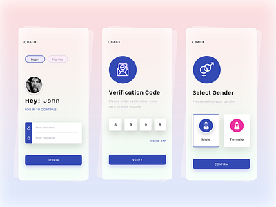 Login, OTP Login, Gender Select App Screen Design app design app login app otp branding gender login page logo design mobile app design otp otp page select gender ui uiux design vector verification verification code