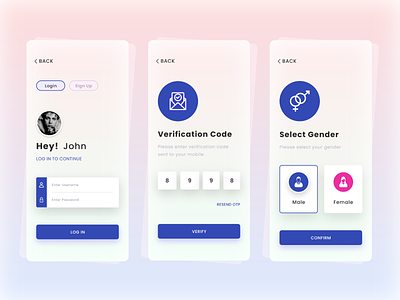 Login, OTP Login, Gender Select App Screen Design app design app login app otp branding gender login page logo design mobile app design otp otp page select gender ui uiux design vector verification verification code