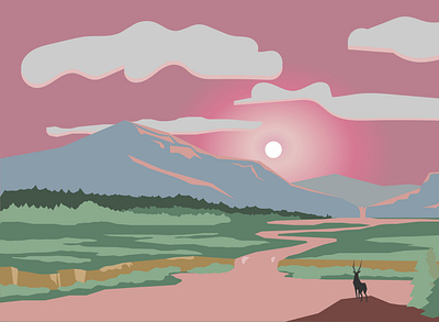 Mountain sunset landscape with a deer animals deer design forest grass greentree illustration lake landscape minimal mountains nature outdoor panorama pink river sunset water