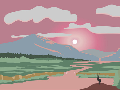 Mountain sunset landscape with a deer