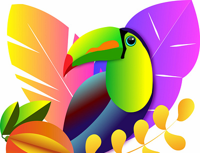 Colorful toukan in tropical background banana bird brazilian eco exotic flat floral forest fruit illustration leaves looking mango nature tropical