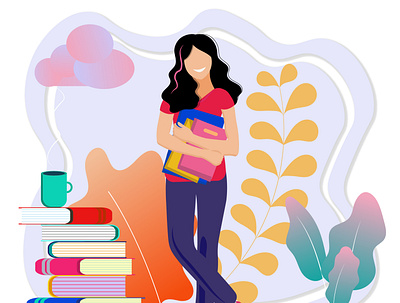 A girl student concept with flowery elements. book business college course education girl illustration information internet knowledge learning person reading school student study studying technology university woman