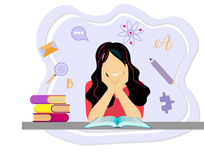 Smiling brunette girl sitting at a desk with books, reading. book cartoon education female girl illustration isolated knowledge learn learning library lifestyle literature person read reading student study studying woman